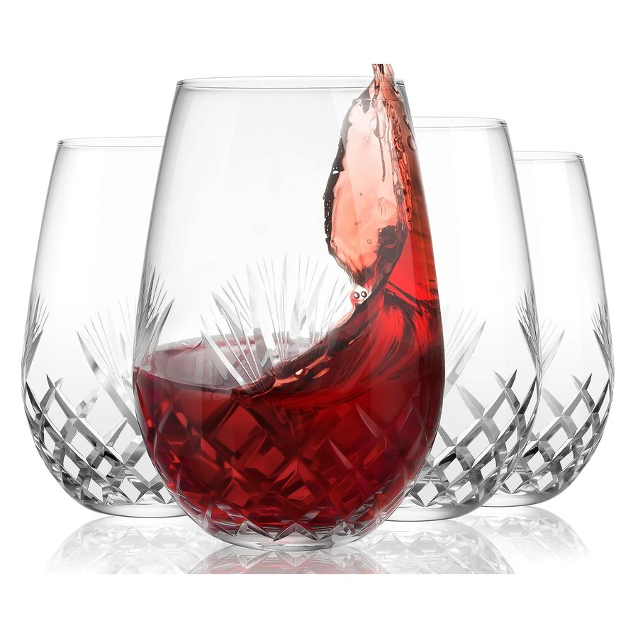 Wine Glass Set Crystal - Hand Cut Stemless Wine Glass Set